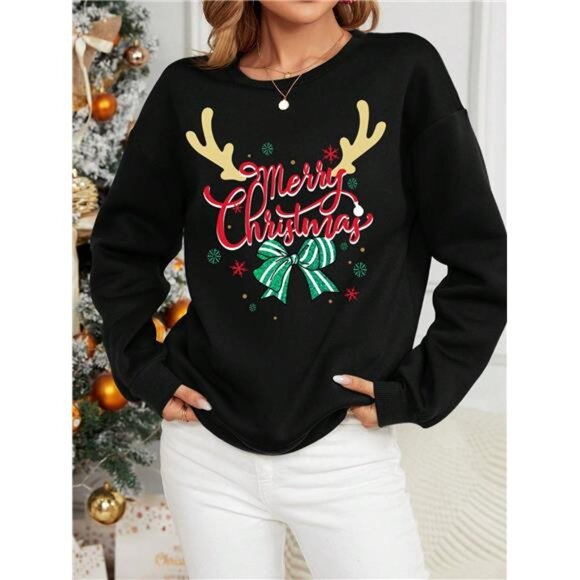 Christmas Elk Antler Imitation Pearl Bow Decor Print Long Sleeve Sweatshirt - Picture 1 of 7